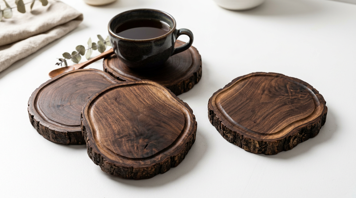 Hand-Carved Walnut Wood Coaster Set - Live Edge (Set of 4)