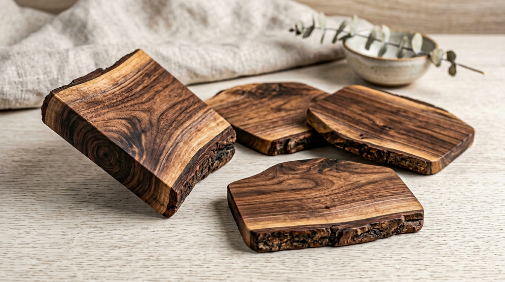 Hand-Carved Walnut Wood Coaster Set - Live Edge (Set of 4)