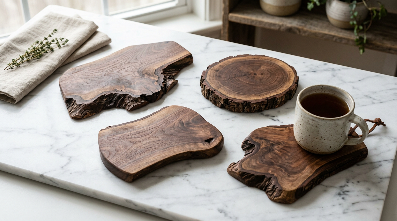 Hand-Carved Walnut Wood Coaster Set - Live Edge (Set of 4)